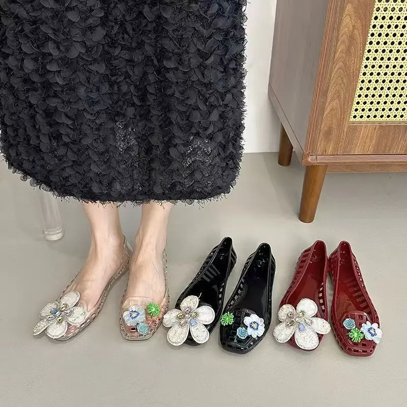 Transparent Crystal Jelly Sandals Hollow Out Slippers Korean Style Flat Shoes Womens Square Toe Shallow Slip on Ballet Loafers 260325