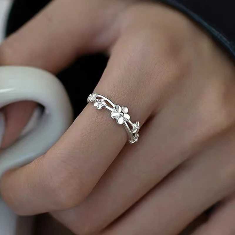 Real 925 Sterling Silver Double Layered Flowers Adjustable Ring For Women Cute Fine Jewelry Niche Design Plant Accessories H260328