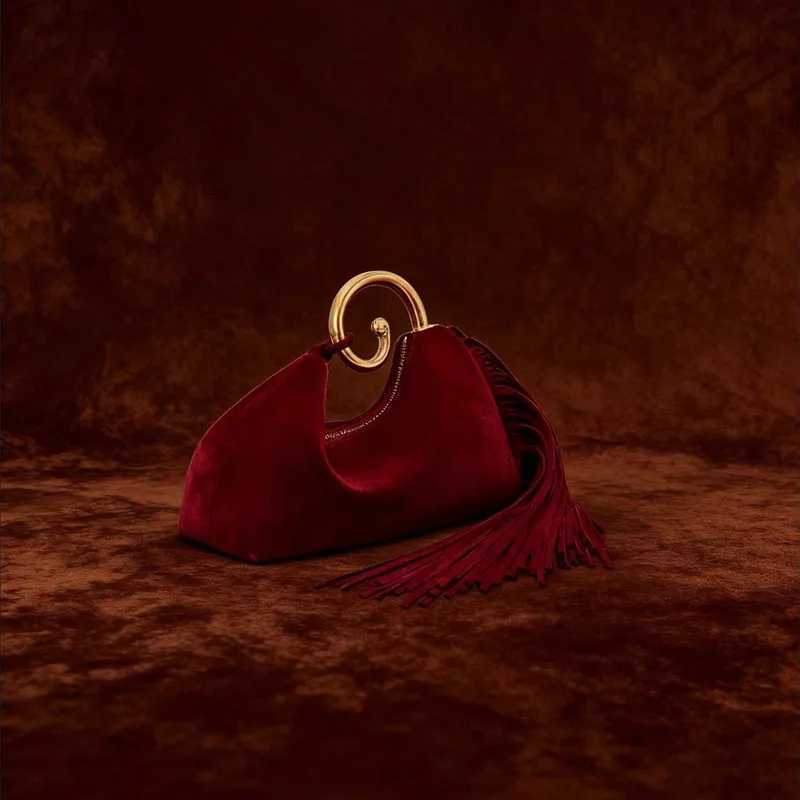 2025 Luxury Fashion Designer Metal Handle Womens Tassel Handbags Brand High-end Party Faux Suede Tote Bag Elegant Evening Bag C260327