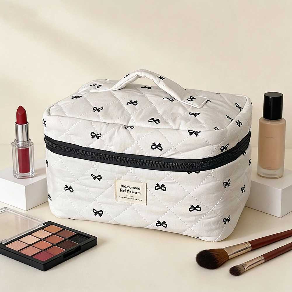 Airfriend Cosmetic Bag With Bows Large Soft Cosmetic Toiletries Pouch Cotton Cosmetic Bag Quilted Woman Makeup Bag Travel Pouch D260328