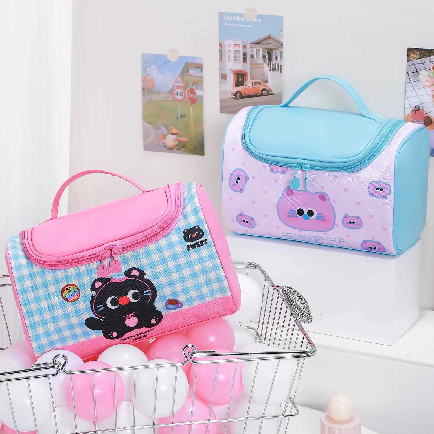 Customizable Cartoon Color Block Handheld Cosmetic Bag Large Capacity Portable Travel Cute Storage Wash Skincare Organizer D260328