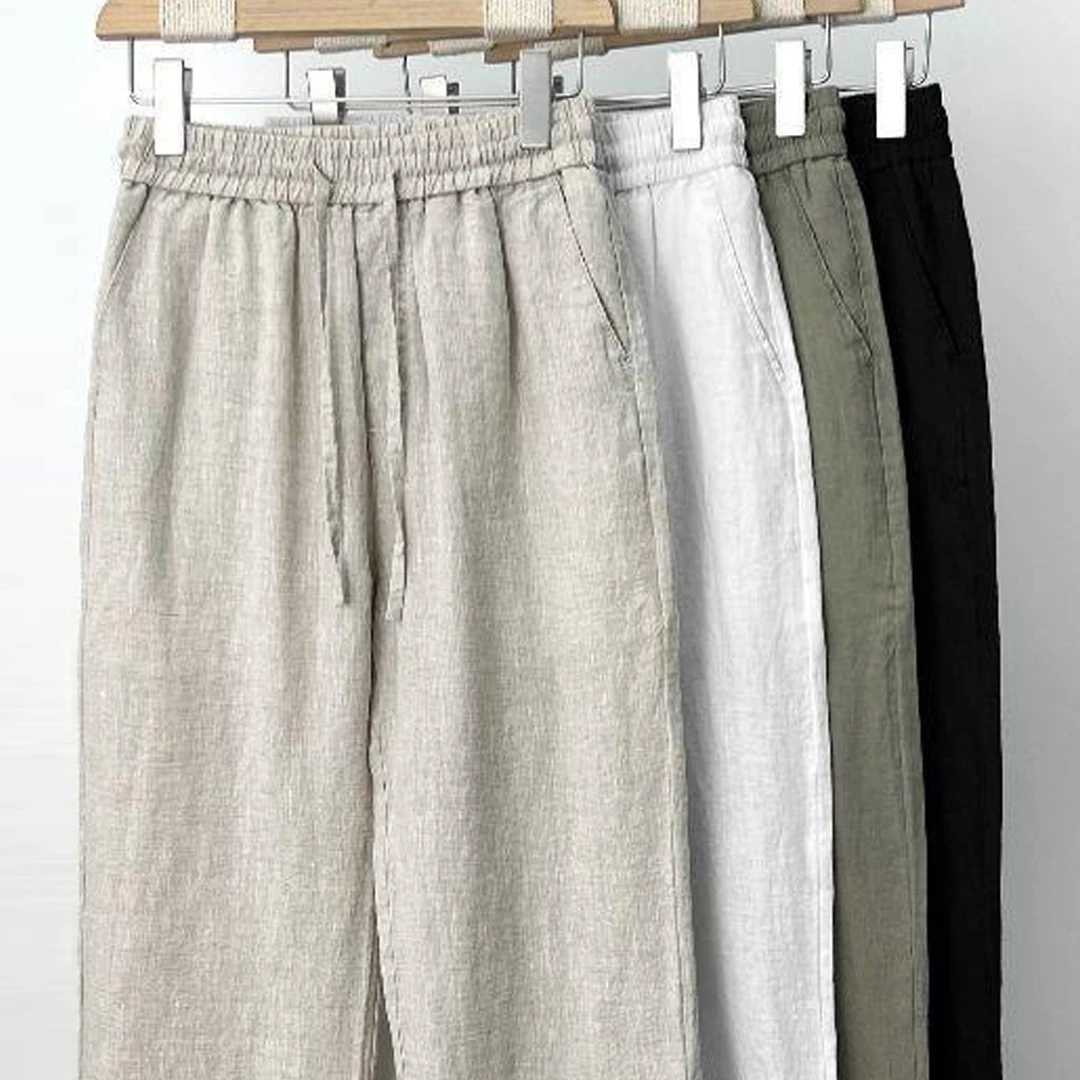 Mens Trousers Cotton Linen Fashion Casual Pants Solid Color Breathable Loose Shorts Straight Drawstring Pants Streetwear Men a05 M260328
