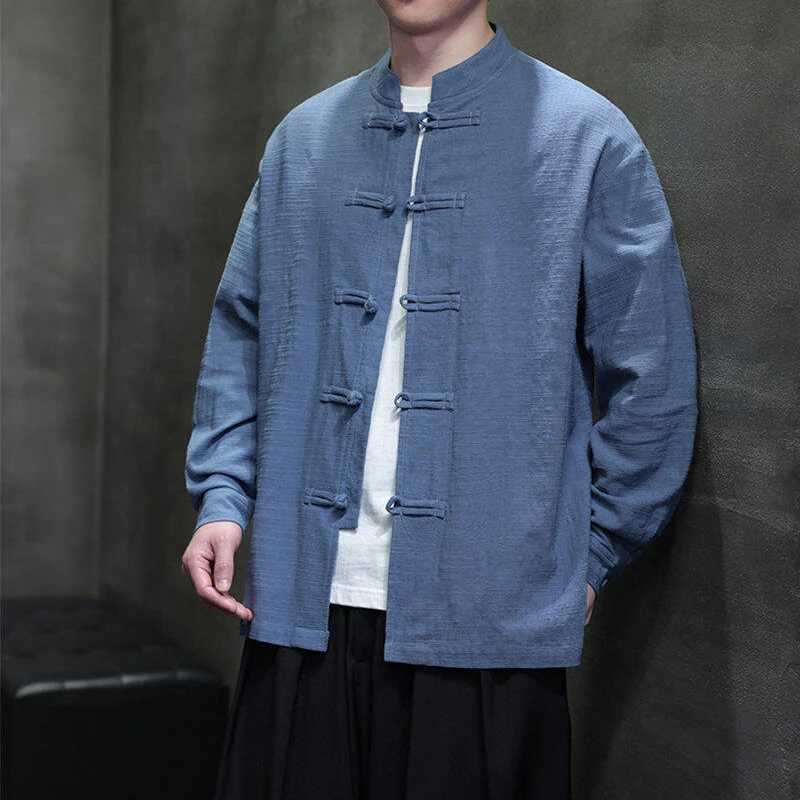 Chinese Style Men Long Sleeve Casual Shirt New 2026 Spring Vintage Mandarin Collar Loose Male Cotton Linen Tops Shirts N055 C260326