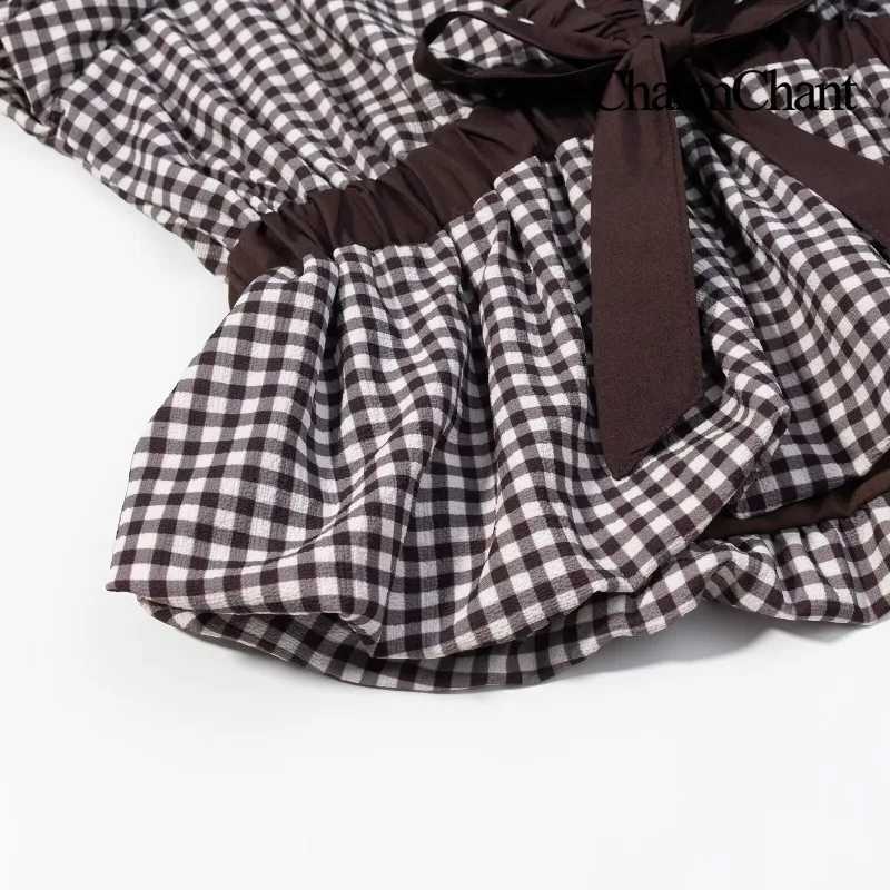 Charmchant Womens Black White Gingham Top Deep V Neck Ruffle Cap Sleeves Bow Tie Peplum Hem Cute Summer Blouse Resort Wear 2026 D260328