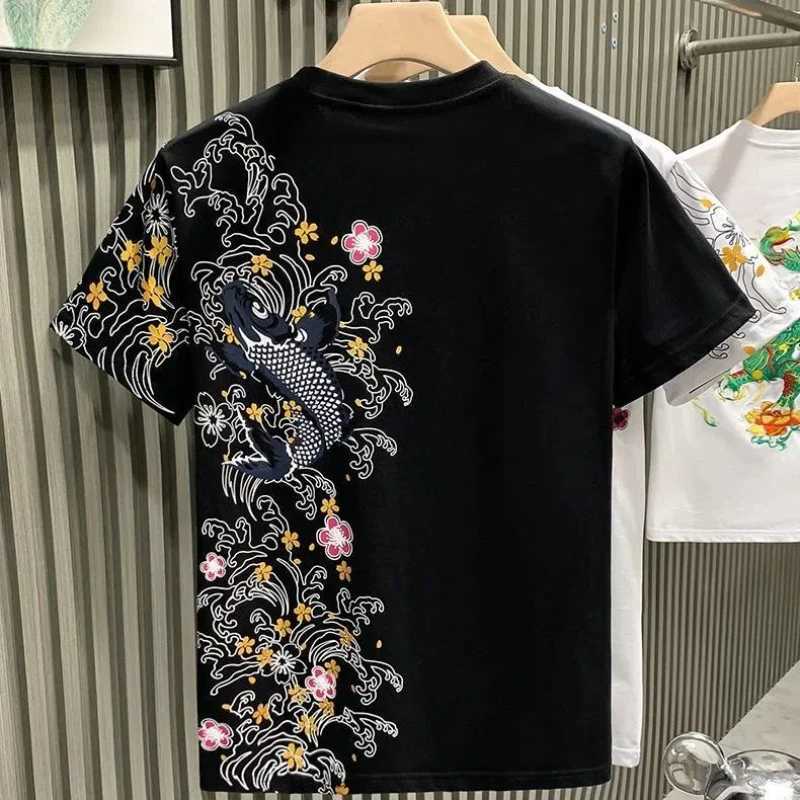 Chinese Style Trend Fashion Thin Summer T-Shirts Men O-Neck Carp Embroidered Short Sleeve Loose Pullovers Bottoming Shirt Tops C260326