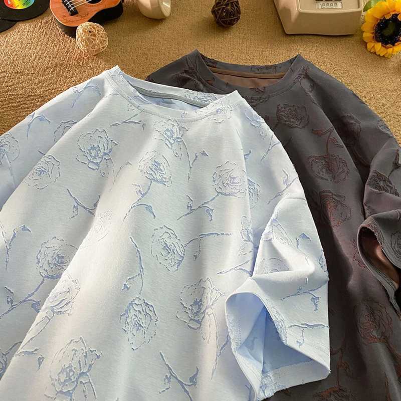 Men Loose Fit Cotton T Shirt Round Neck Breathable Rose Flower Print Tee Summer Casual Streetwear Soft Comfortable Trendy 2024 C260326