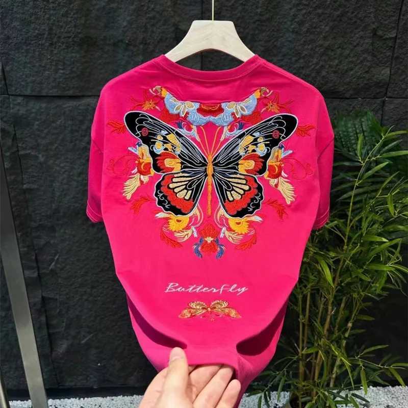 Summer New Fashion Embroidery Butterfly Neutral Short O-neck Casual Heavy Texture Cotton Men Loose T-shirt 3 Colors C260326
