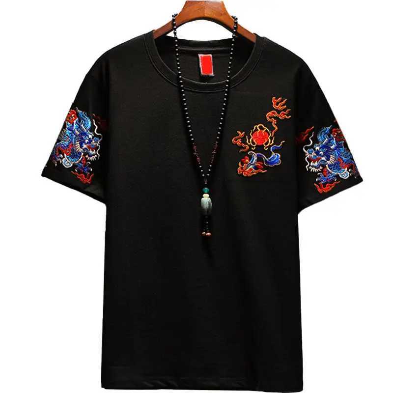 Short-sleeved T-shirt Men Summer Ethnic Style Dragon Pattern Embroidered Casual Trend Top C260326