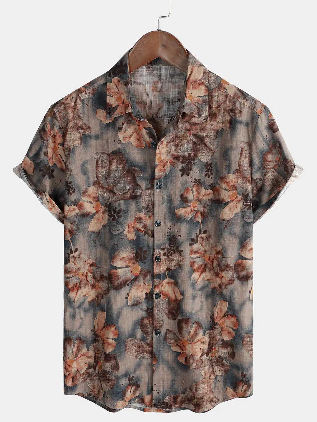 Retro floral print short sleeved shirt for mens casual lapel single breasted shirt 3D printed polyester short sleeved shirt C260326