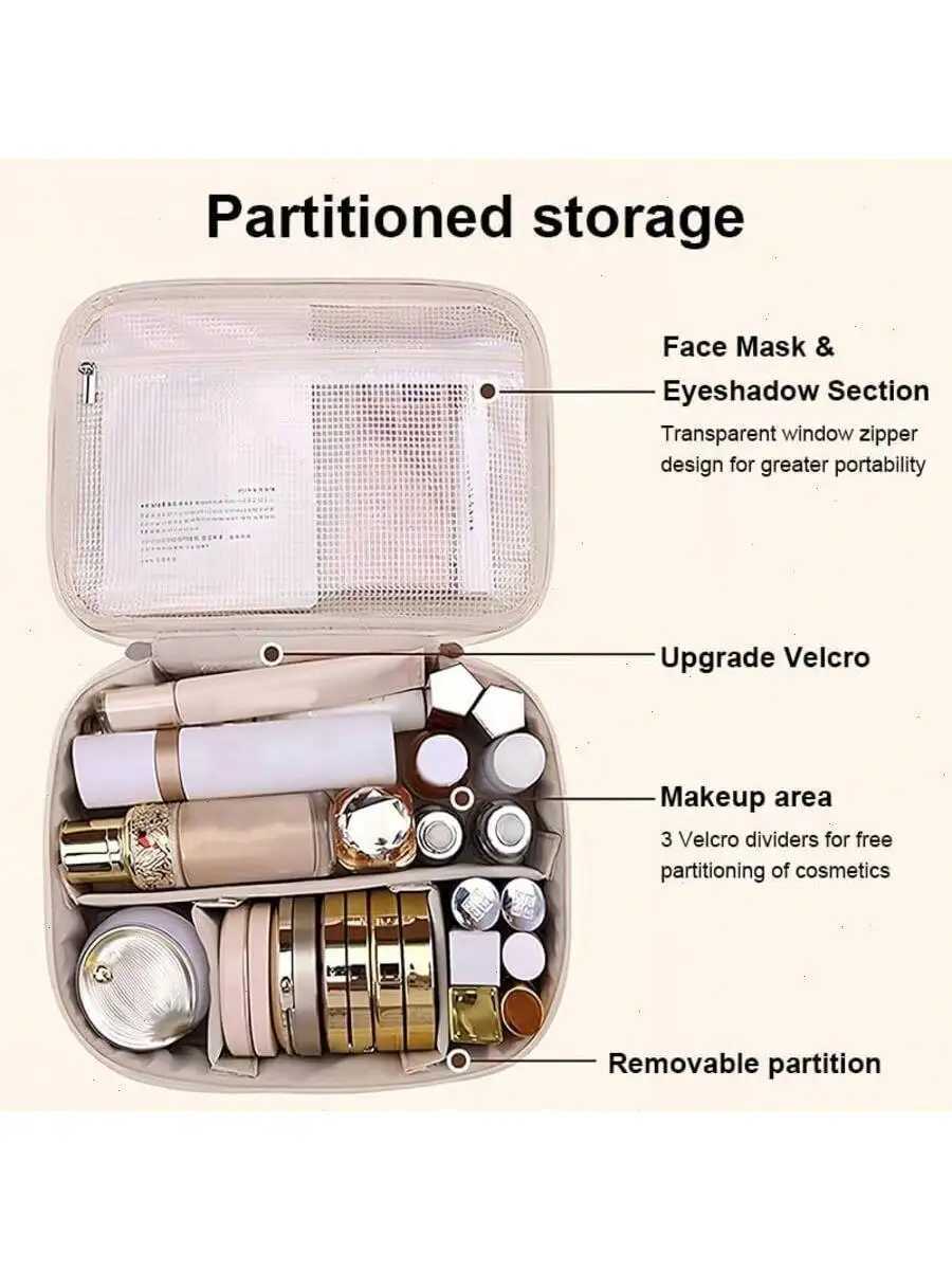 Omnliy Waterproof PU Leather Makeup Bag Large Travel Cosmetic Organizer with Adjustable Dividers Brush Slot D260328