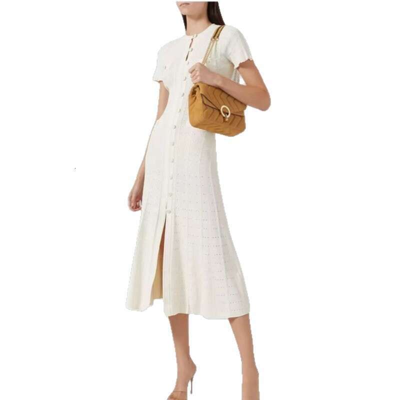 2026 k30 Spring/Summer Designer Women's Small CC Fragrant Hollow out Ruffle Lace Sleeves Slim Knitted Dress