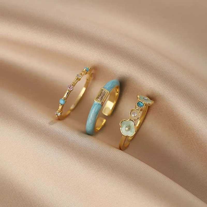 Sweet Enamel Flower Open Rings for Women Exquisite Elegant Blue Zircon Irregular Adjustable Finger Rings Wedding Jewelry Gifts H260328