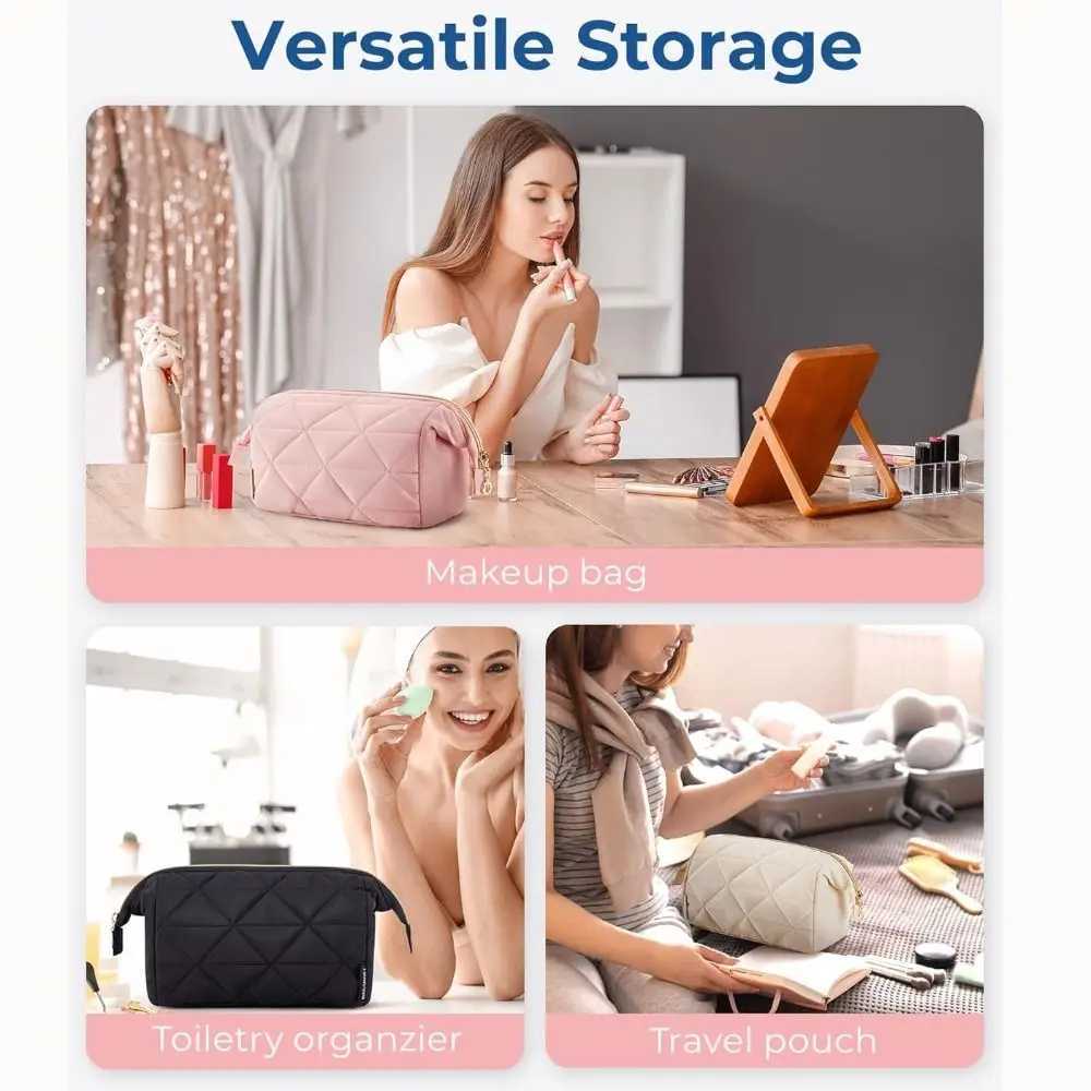 Puffy Padded Travel Cosmetic Bag Large Capacity Wide-open Makeup Bag Women Makeup Organizer Case Solid Color Toiletry Bag D260328