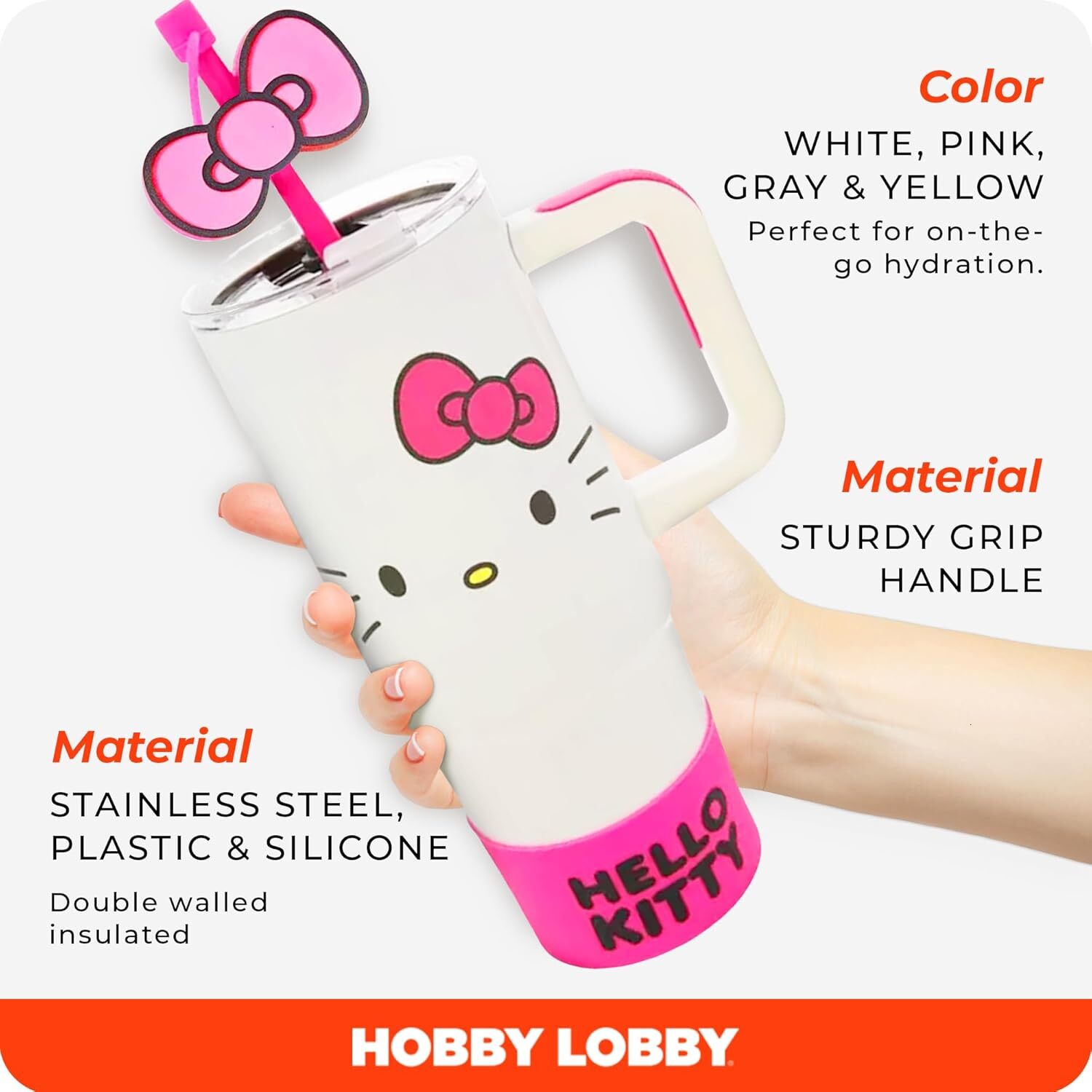 Hobby Lobby Hello Kitty Stainless Steel Tumbler with Straw Grip Base 30 Oz White Pink Gray Yellow