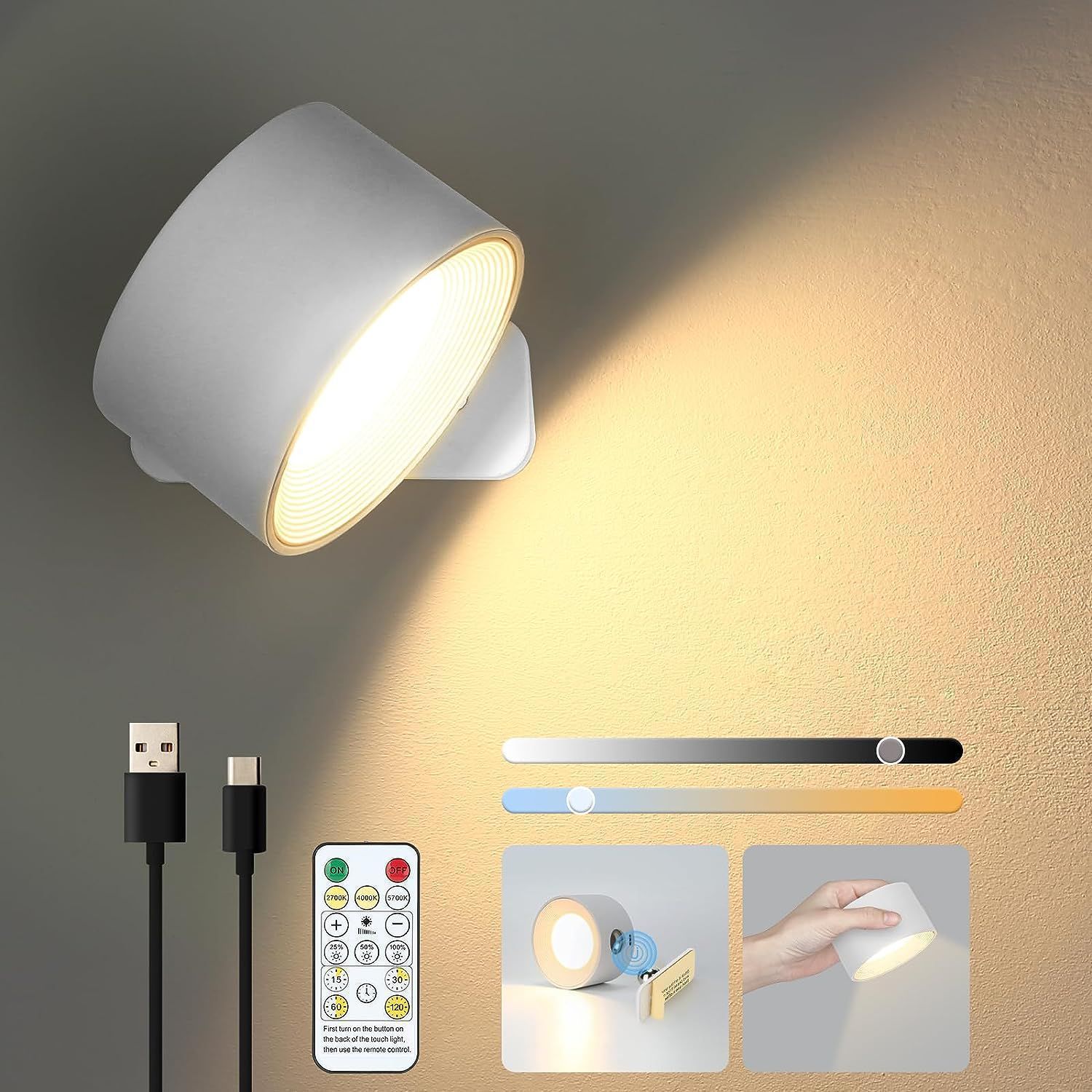 360 Degree Rotatable Magnetic Rechargeable LED Wall Sconce with Touch Control
