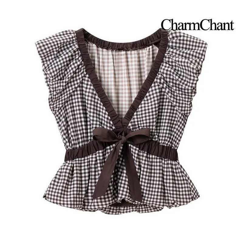 Charmchant Womens Black White Gingham Top Deep V Neck Ruffle Cap Sleeves Bow Tie Peplum Hem Cute Summer Blouse Resort Wear 2026 D260328