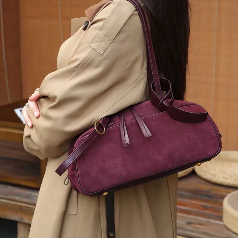 Burminsa Cowhide Suede Genuine Leather Underarm Shoulder Bags For Women 2026 Luxury Designer Bowling Totes Work Ladies Handbags C260327