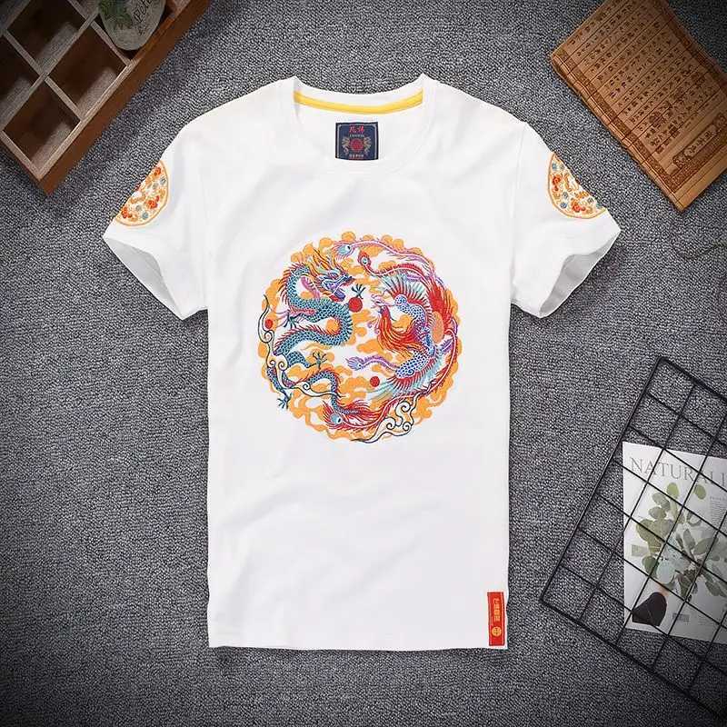 Summer Chinese Style Dragon and Phoenix Embroidered T-shirt Mens Short-sleeved Casual Retro Loose Pullover C260326
