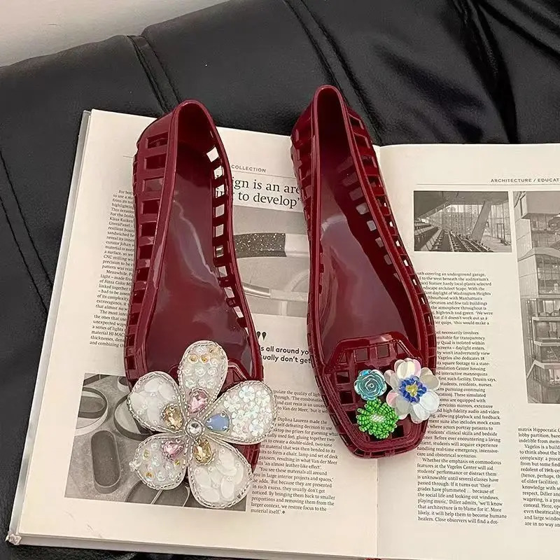 Transparent Crystal Jelly Sandals Hollow Out Slippers Korean Style Flat Shoes Womens Square Toe Shallow Slip on Ballet Loafers 260325