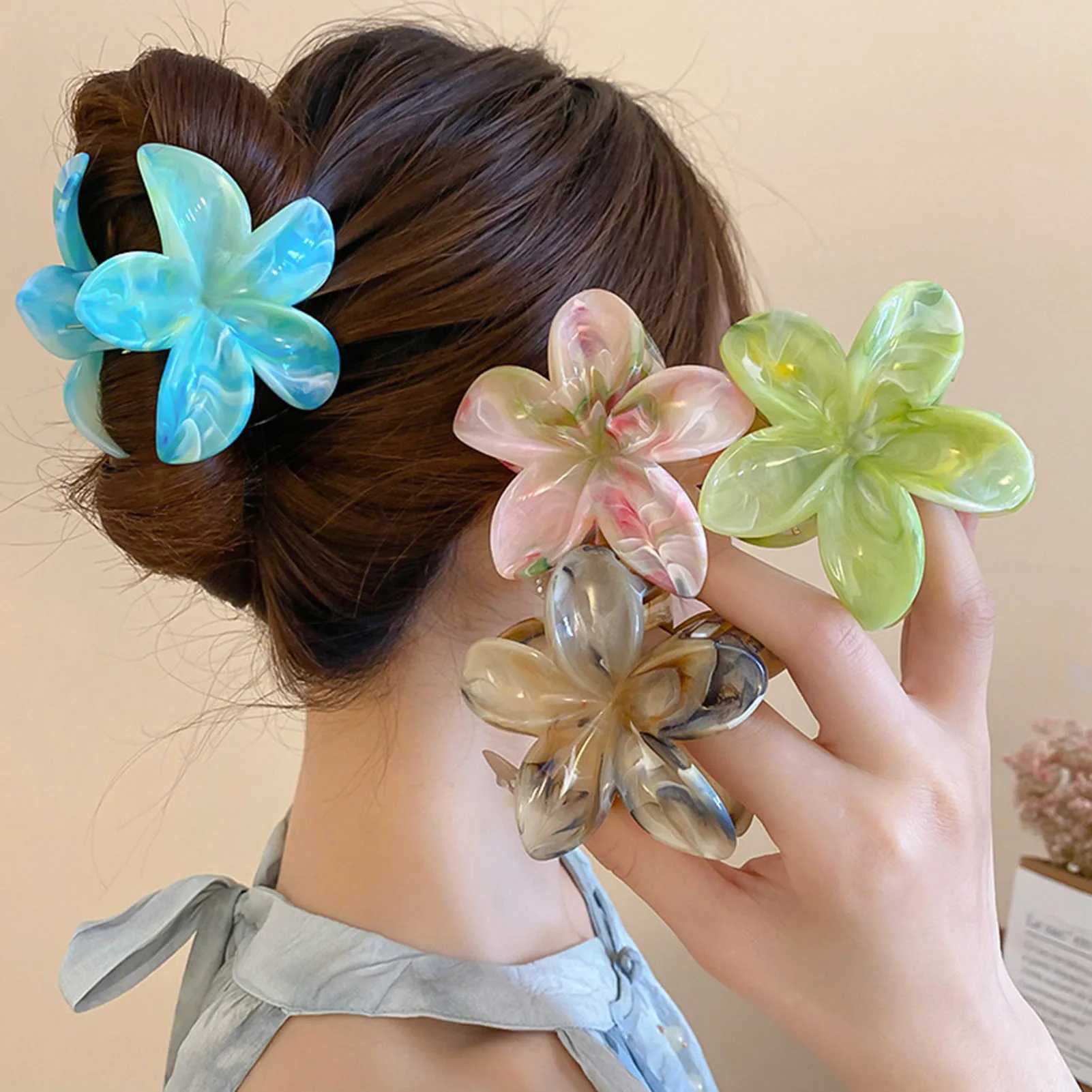 4cm Gradient Color Flower Acrylic Hair Claws Clip Women Girls Sweet Hairpins Beach Hawaiian Style Colorful Hair Accessories H260328