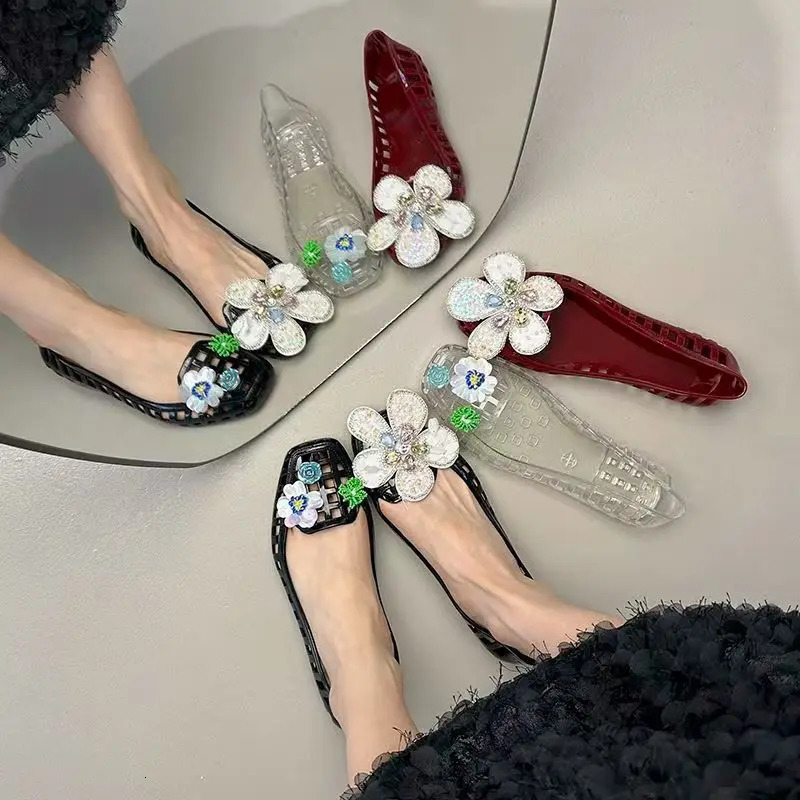 Transparent Crystal Jelly Sandals Hollow Out Slippers Korean Style Flat Shoes Womens Square Toe Shallow Slip on Ballet Loafers 260325