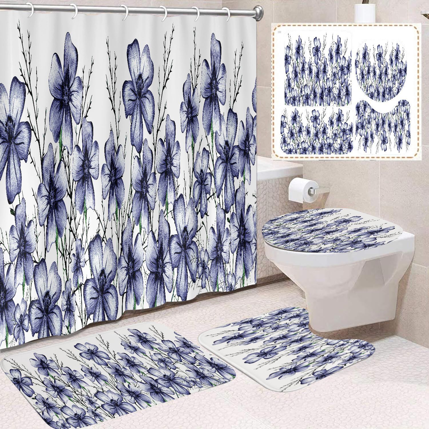 YL-38404 Floral Shower Curtain and Mat Set (4 Pieces) - Bathroom Dry and Wet Separation, Toilet Isolation Curtain, Modern Minimalist Style