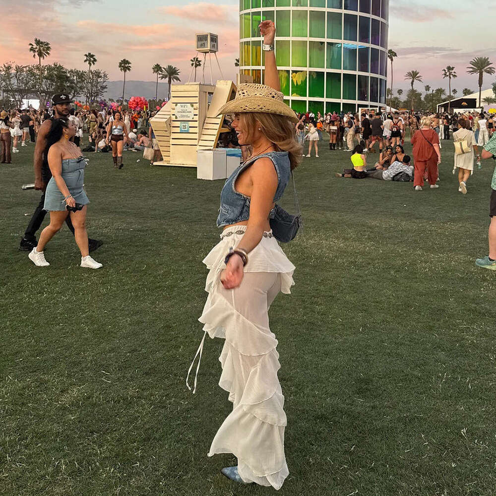 Women's Designer Pants Summer New Chiffon Trousers With Ruffles Breathable Fabric Trousers Party Music Festival Wear