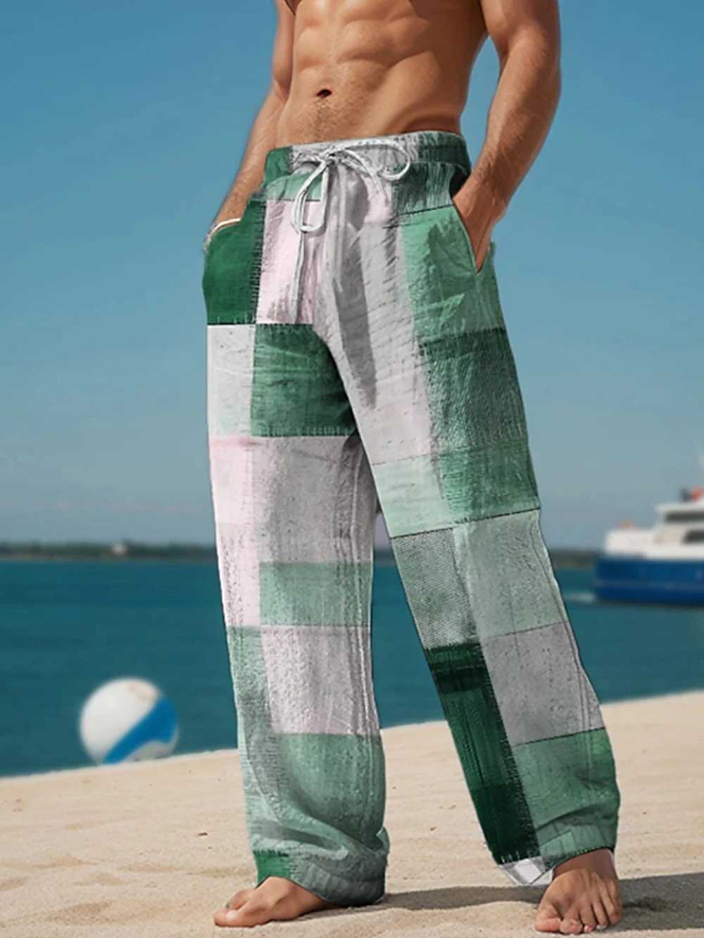 Plaid Color Block Mens Resort 3D Printed Casual Pants Trousers Elastic Waist Fit Straight-Leg Pant Summer Beach Pants M260328