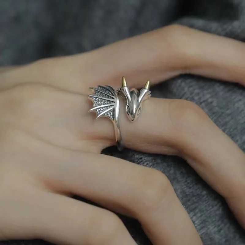PANJBJ 925 Silve Wing Dragon Punk Ring for Women Girl Party Gift Retro Hiphop Fashion Jewelry Dropshipping H260328