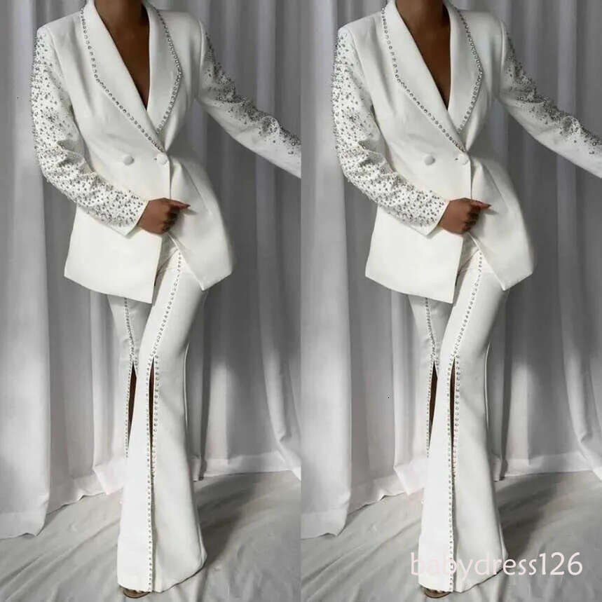Elegant Women Suits Beaded Double Breasted Shawl Lapel Ladies Outfits 2 Pieces set Jacket Pants Mother Of The Bride Suit Prom Customized ZD19