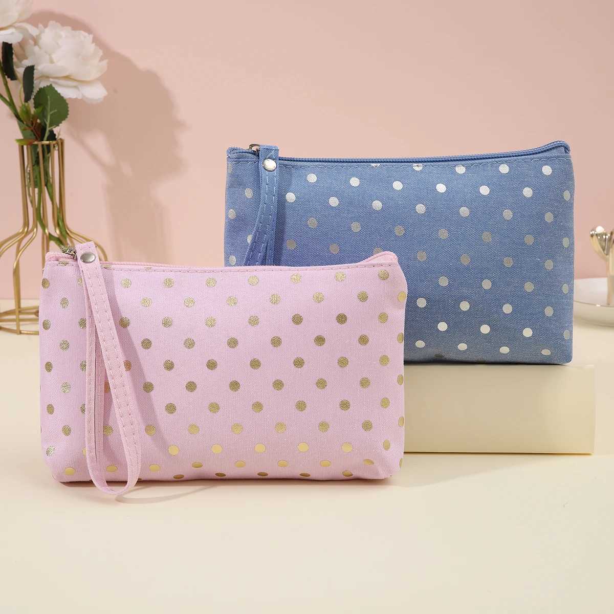 Casual Hand Carry Cosmetic Bag Waterproof Canvas Wavelet Dot Wash Storage Pouch D260328