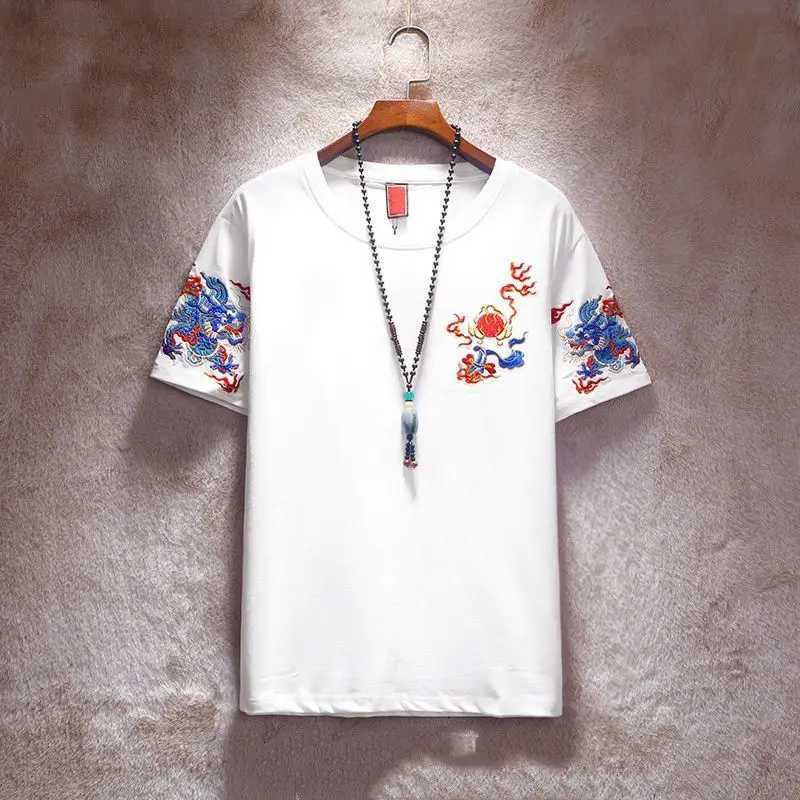 Short-sleeved T-shirt Men Summer Ethnic Style Dragon Pattern Embroidered Casual Trend Top C260326