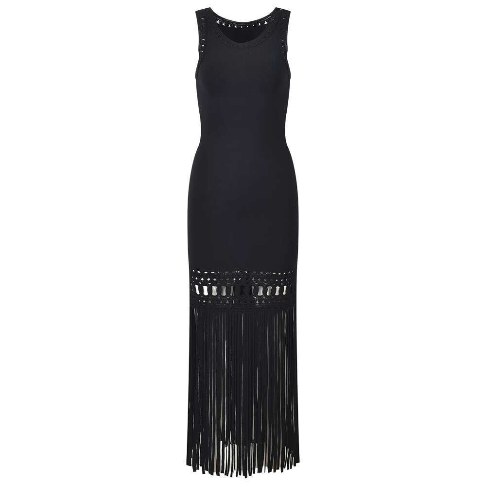2026 designer high-end women's spring French elegant style black CC tassel round k30 neck sleeveless knitted long skirt