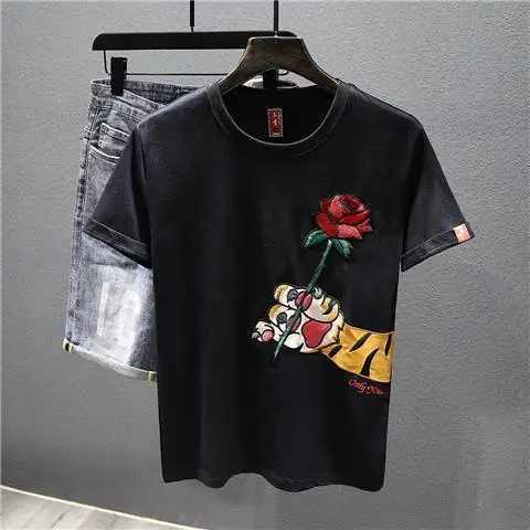 Rose Embroidered Short-sleeved T-shirt Mens 2025 New Summer Casual Loose Round Neck Half-sleeved Top C260326