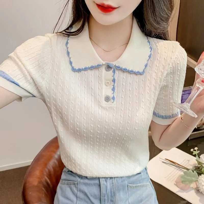 2026 Womens Ice Silk T-Shirt Polo Collar Short Sleeve Top Slim Fit Sweet Knit Shirt for Summer D260328