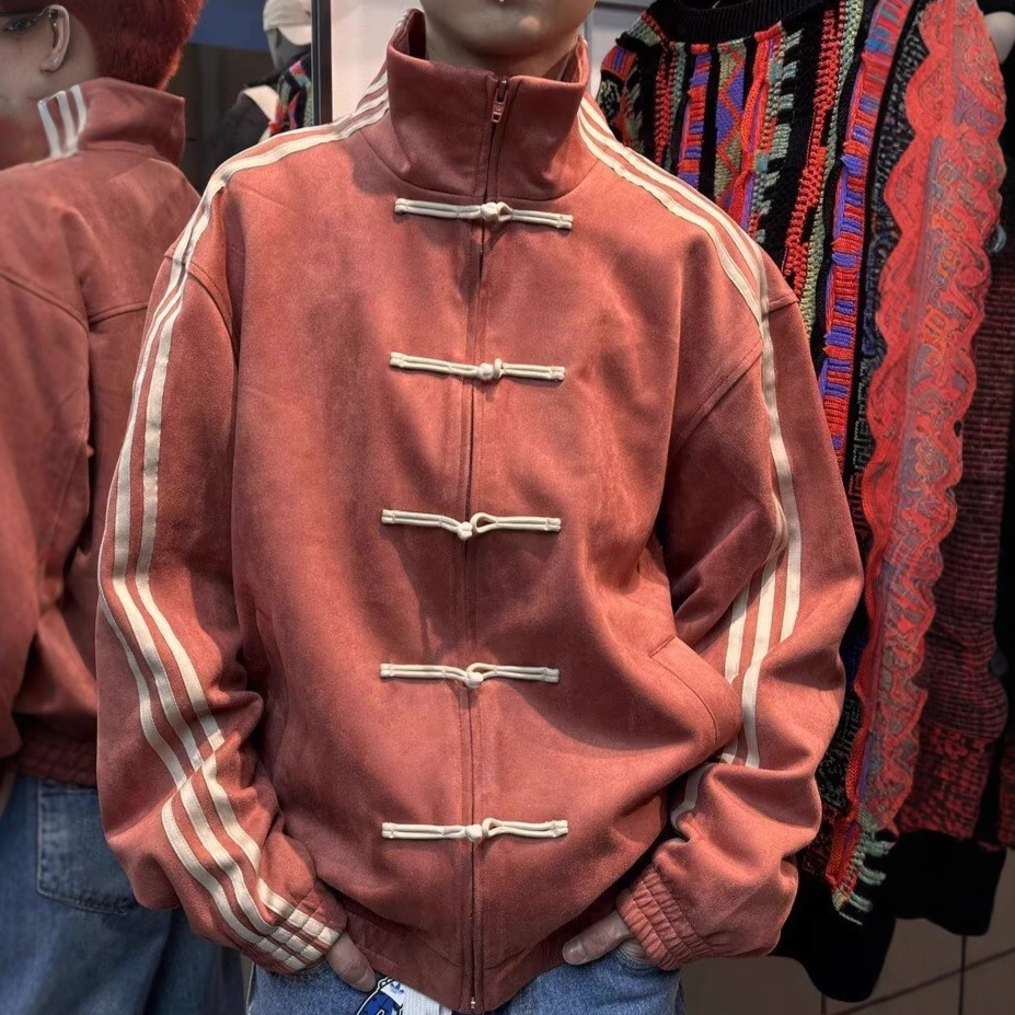 fashion design jacket 2026 Men's Corduroy Traditional Chinese Knot Jacket Stand Collar Striped Sleeve Zip-Up Coat
