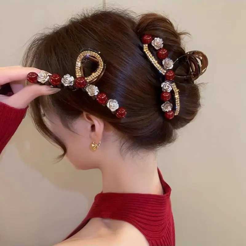 1pc Rose red pearl clip womens autumn and winter new fashion style back of the head plate hair clip hair accessory H260328