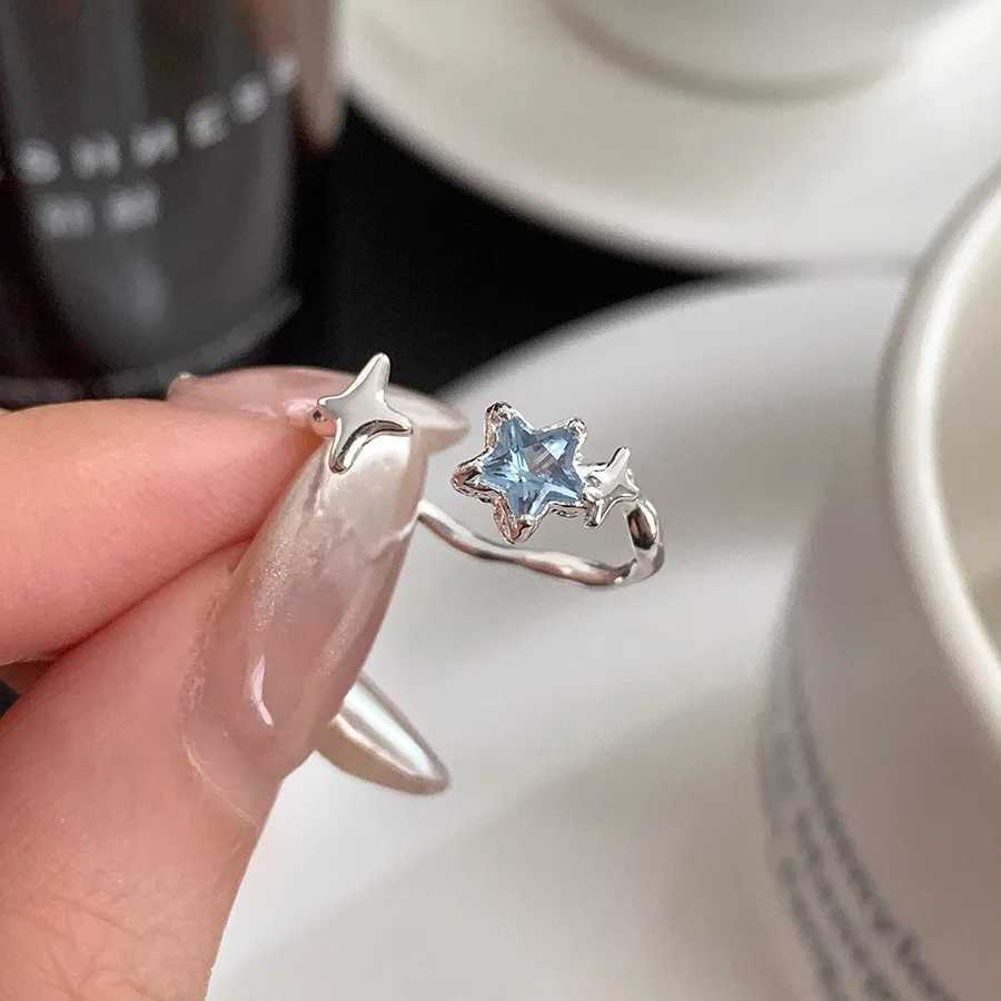 PANJBJ 925 Sterling Silver Stars Ring For Women Blue Crystal Opening Sweet Romance Irregular Versatile Jewelry Gift Dropshipping H260328