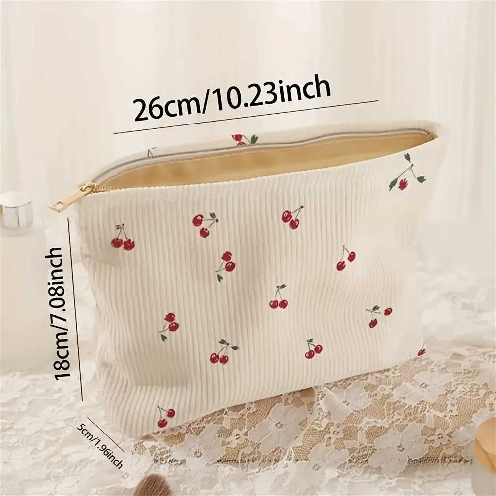 Casual Cherry Print Corduroy Zipper Pouch Makeup Bag Handbag Multifunctional Toiletry Organizer Cosmetic Storage Box with Lining D260328