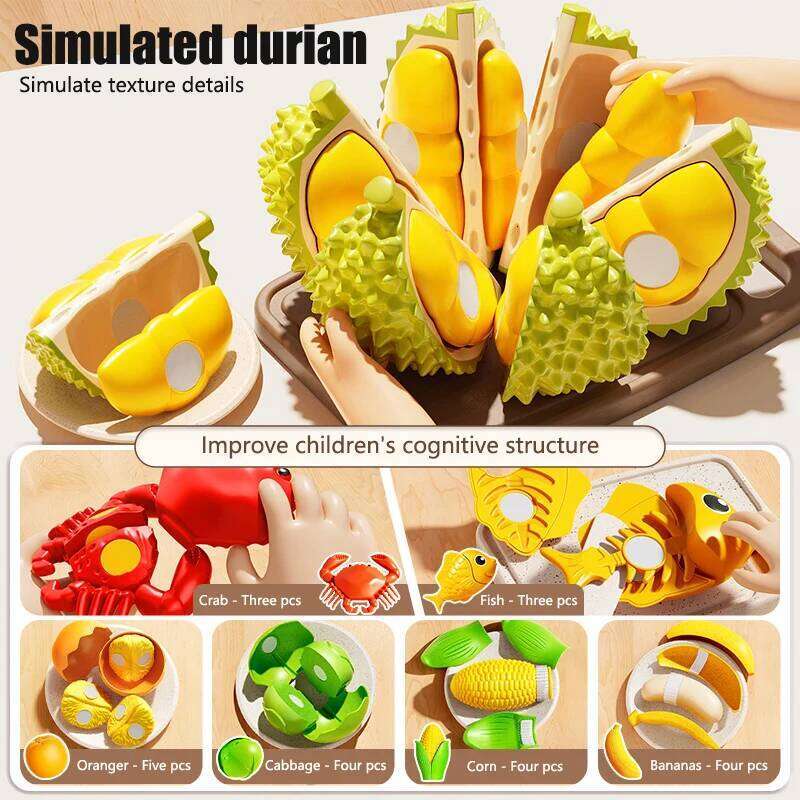 Children Food Simulation Kitchen Durian Fruit Cutting Vegetable Set Pretend Toy Educational Kids Role Play 3 Year Gifts
