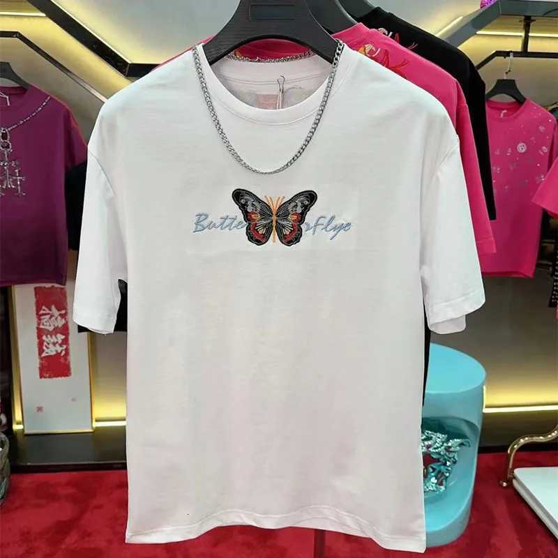 Summer New Fashion Embroidery Butterfly Neutral Short O-neck Casual Heavy Texture Cotton Men Loose T-shirt 3 Colors C260326