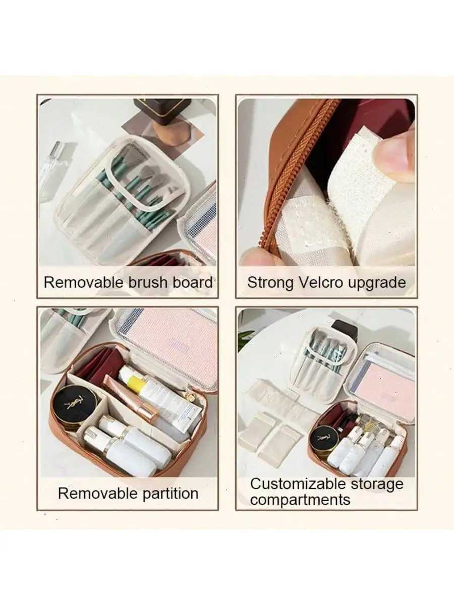 Omnliy Waterproof PU Leather Makeup Bag Large Travel Cosmetic Organizer with Adjustable Dividers Brush Slot D260328