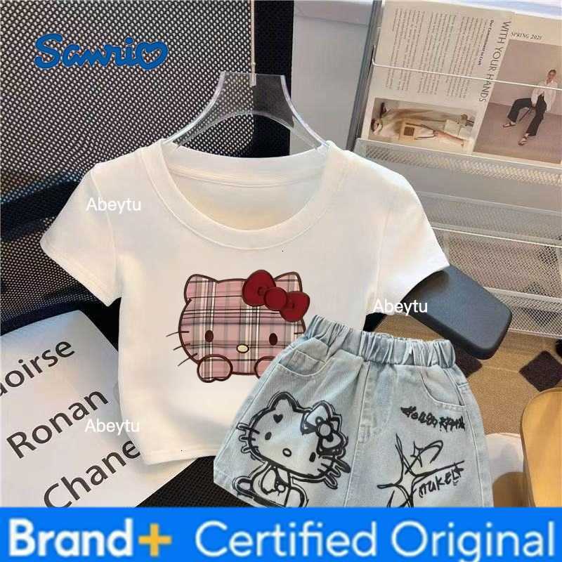 Sanrio Summer Baby Girls Clothes Set Toddler Kid Hello Kitty T-shirt Jeans Skirt 2pcs Suit Children Short Sleeve Top Bottom Tracksuit H2603281