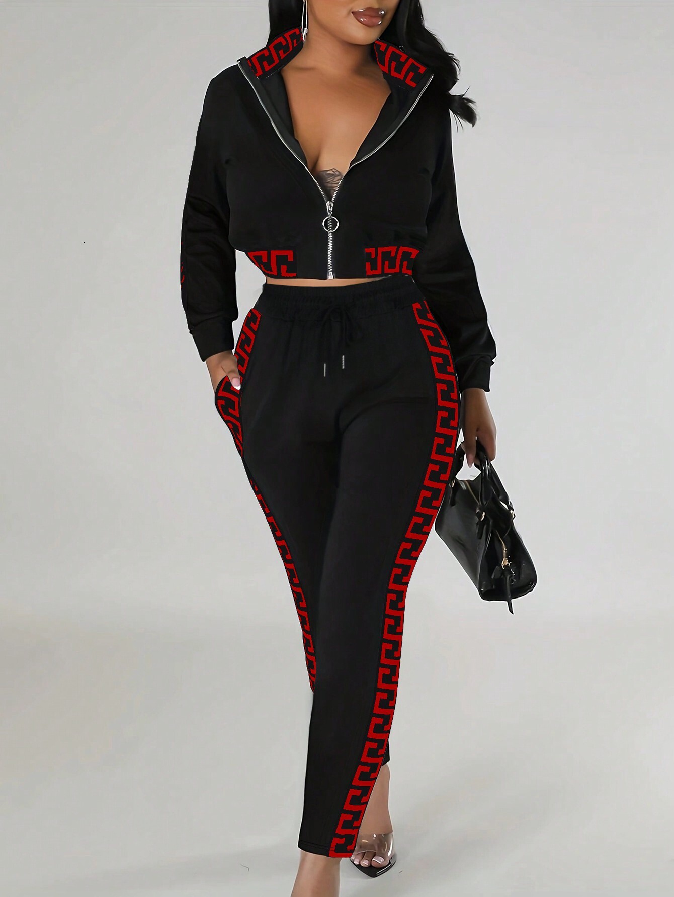 Luxury Brand Designer Clothes Women's Spring And Autumn Fashion High-End Casual Set: Cropped Zipper Top With Floral Pattern And Patchwork Long Pa - view 8