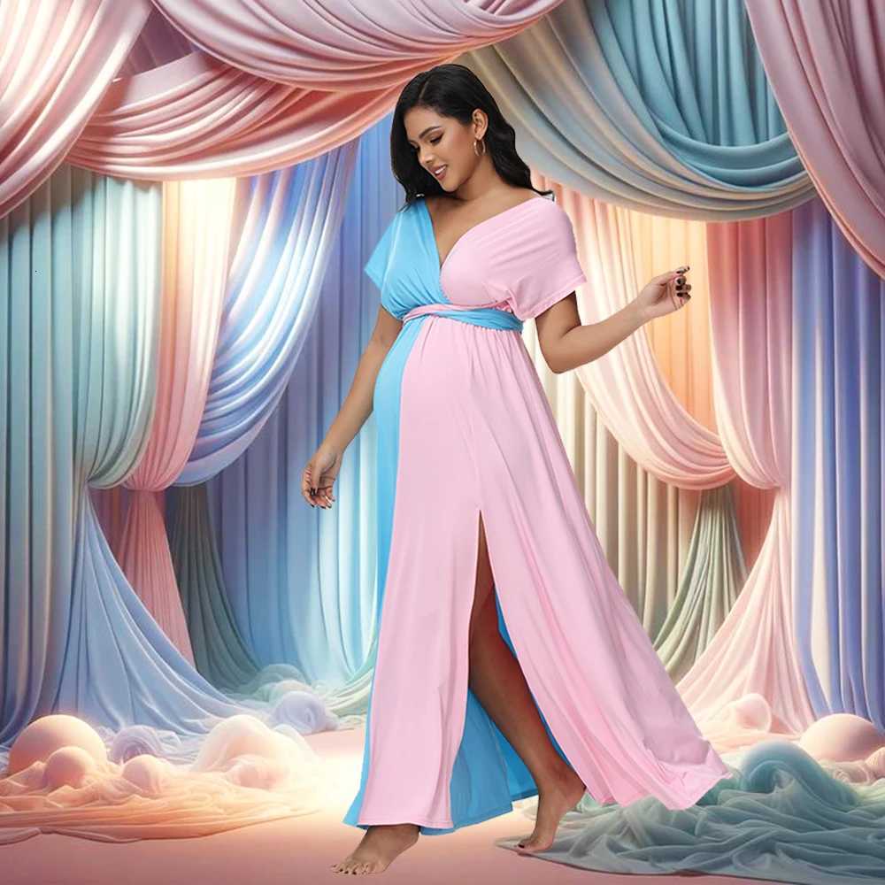 Pregnancy Clothing Colorblock Cross Wrap Split Stretchy Halter Backless Gown Maternity Photoshoot Outfit Baby Shower Dresses Z260328