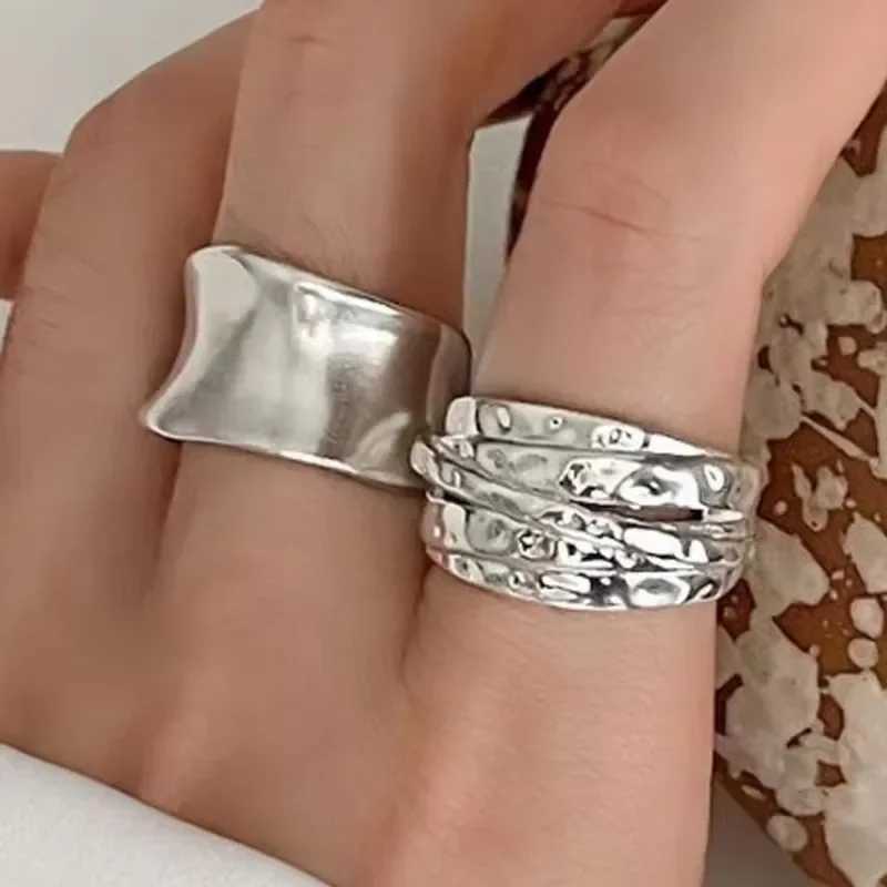 2PCS 925 Sterling Silver Ring for Women Jewelry Wide Simple Open Ring Vintage Handmade Ring Allergy for Party Birthday Gift H260328