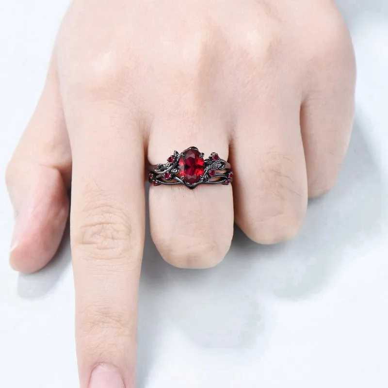 European and American New Retro Style Ruby Inlaid Gun Black Rose Branch Cross Womens Ring H260328