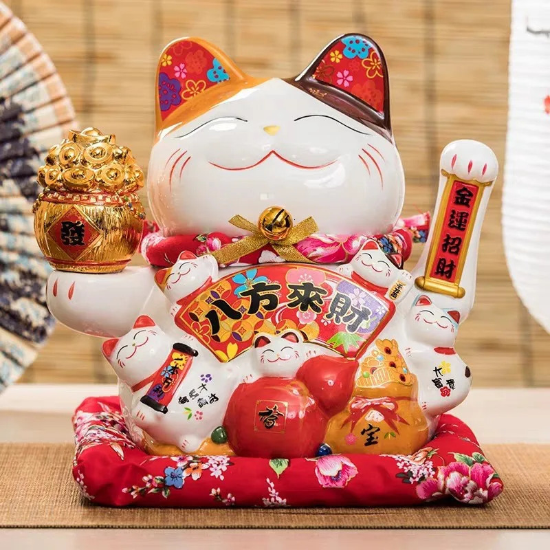 7 Inch Lucky Cat Decoration Feng Shui Fortune Cat Ceramic Electric Wave Hand Treasure Shop Gift Good Luck Home Festive Craft 260325