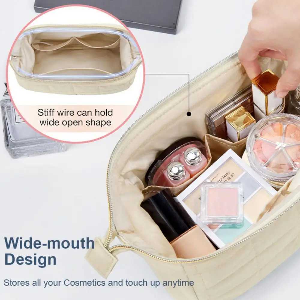 Puffy Padded Travel Cosmetic Bag Large Capacity Wide-open Makeup Bag Women Makeup Organizer Case Solid Color Toiletry Bag D260328