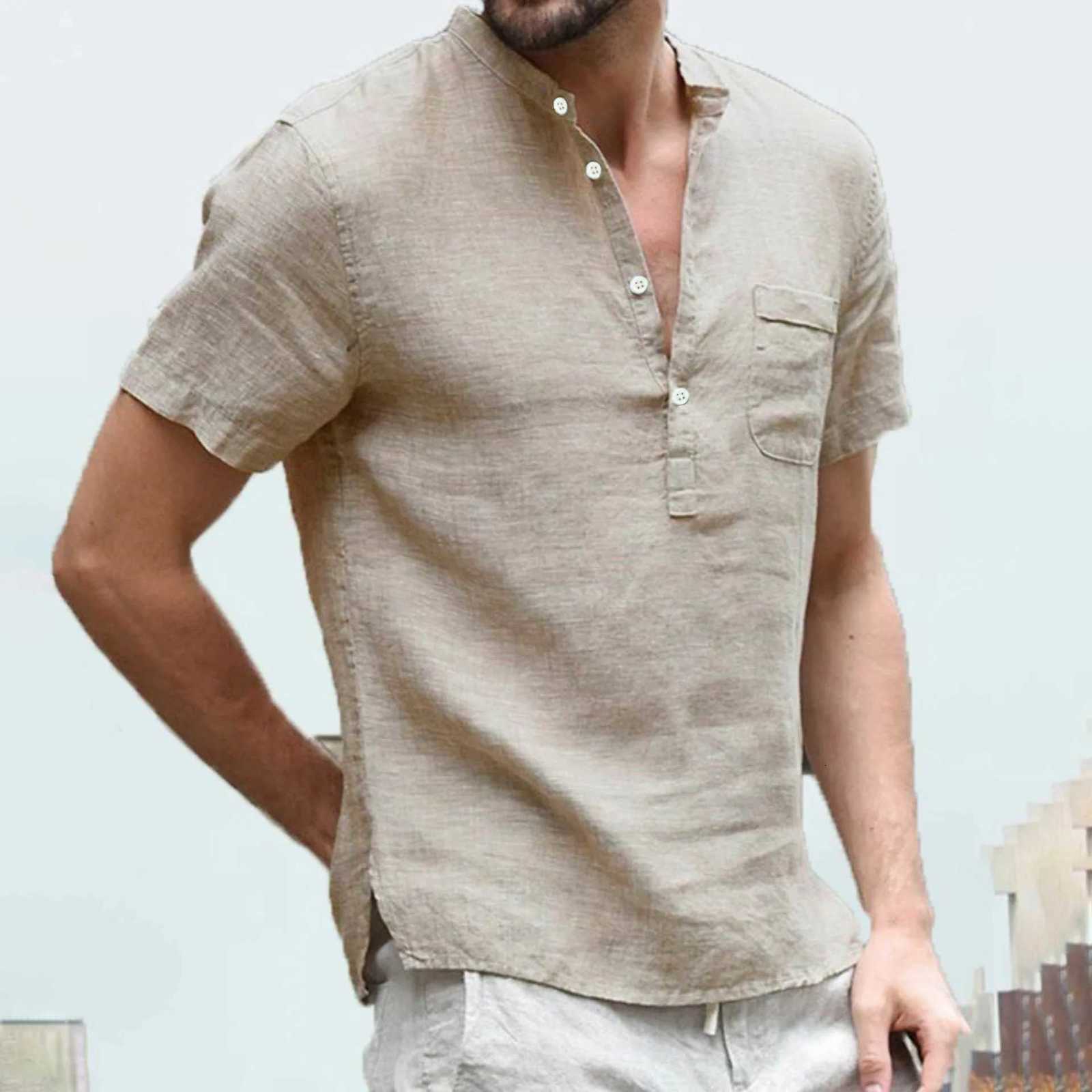 Cotton Linen Hot Sale Men Short-Sleeved Shirts Summer Color Henley Collar Casual Beach Style Hawaiian Vacation shirts for man C260326